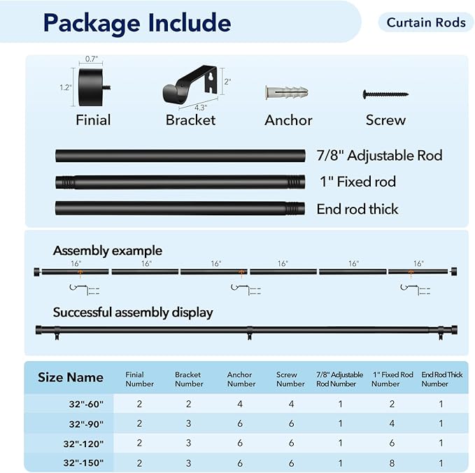 2 Pack Curtain Rods for Windows 28 to 48 Inch(2.3-4ft), 1 Inch Black Adjustable Heavy Duty Curtain Rod Set, Modern Outdoor Drapery Rods for Patio Bedroom, Size 32"- 60"