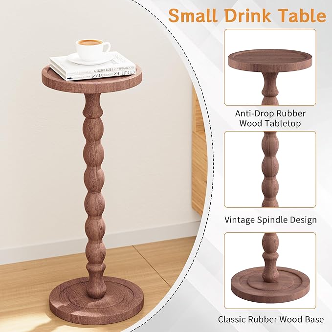 Solid Wood Drink Table, Rubber Wood‌ Small Round Side Table for Small Spaces, Martini Tables, Pedestal End Tables for Living Room, Bedroom, Corners and Office (Purple, 9.4 inch)