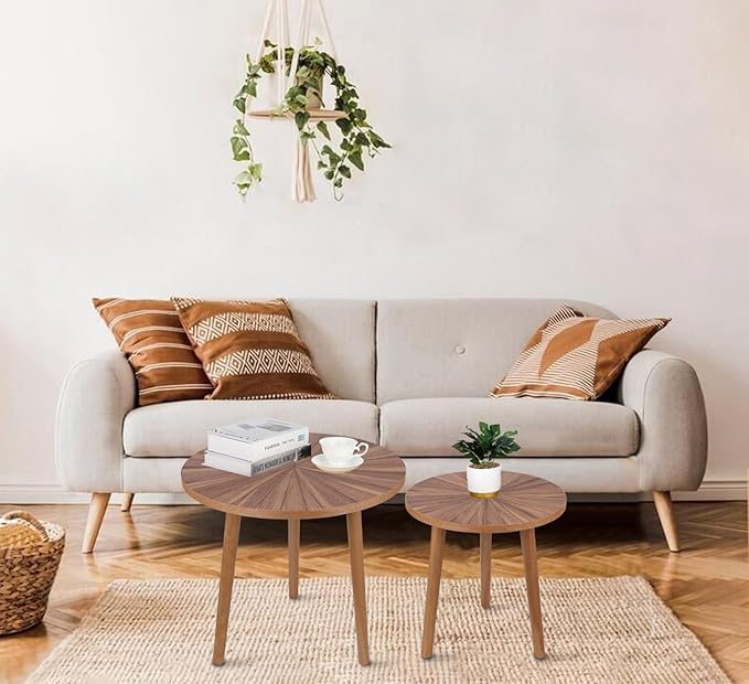 Round Coffee Table Set of 2, Mid Century Modern Coffee Table, Small Farmhouse Coffee Table, Wood Nightstand Bedside Table, Boho Side Table End Tables for Living Room Bedroom Office Balcony