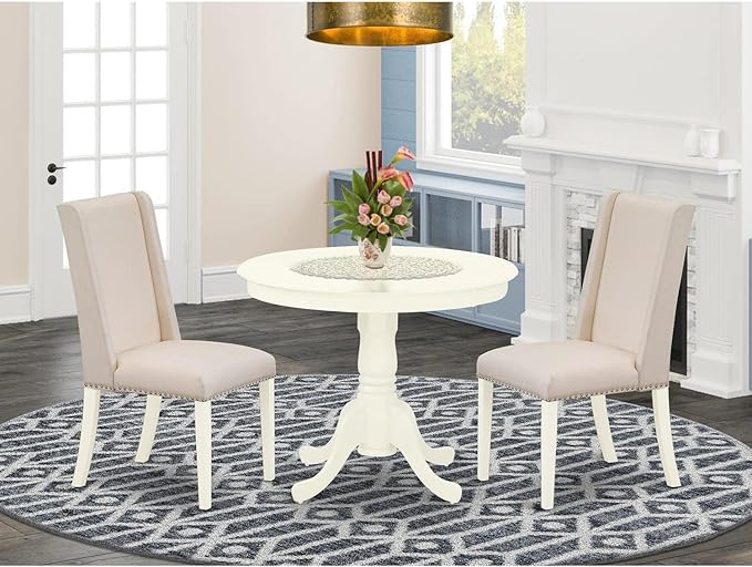 East West Furniture ANFL3-LWH-01 3 Piece Dining Room Furniture Set Contains a Round Kitchen Table with Pedestal and 2 Cream Linen Fabric Parson Dining Chairs, 36x36 Inch, Linen White