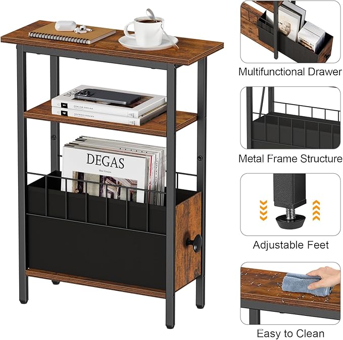Snughome Narrow Side Table for Small Spaces, Slim End Table 3 Tier, Skinny Nightstand with Drawer, Sofa Beside Table with Storage Shelf for Living Room Bedroom