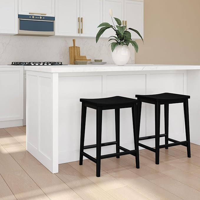 Plank+Beam Smythe Counter Stool, 24", Set of 2, Sturdy Wood Modern Kitchen Counter Height Stool, Saddle Seat Backless Counter Chair, Metal Footrest, Black