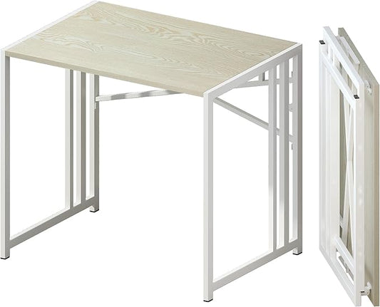 32 inch Small Folding Desk, Writing Gaming Computer Camping Desk for Small Spaces, No Assembly Required Home Office Desk, Natural and White
