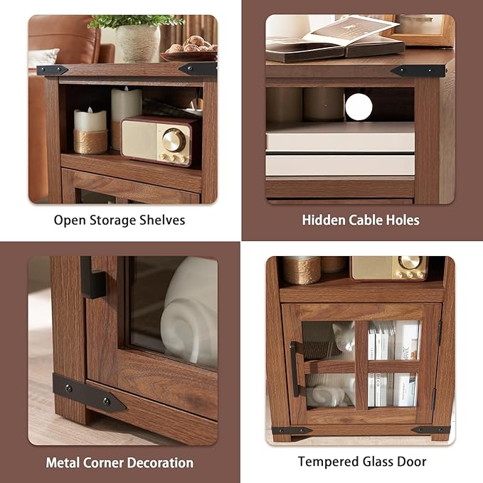 Farmhouse Nightstand with Charging Station, Rustic End Table with Tempered Glass Barn Door, Wood Sofa Side Bedside Table with Open Storage Shelf for Living Room, Bedroom, Brown, 2 Pack