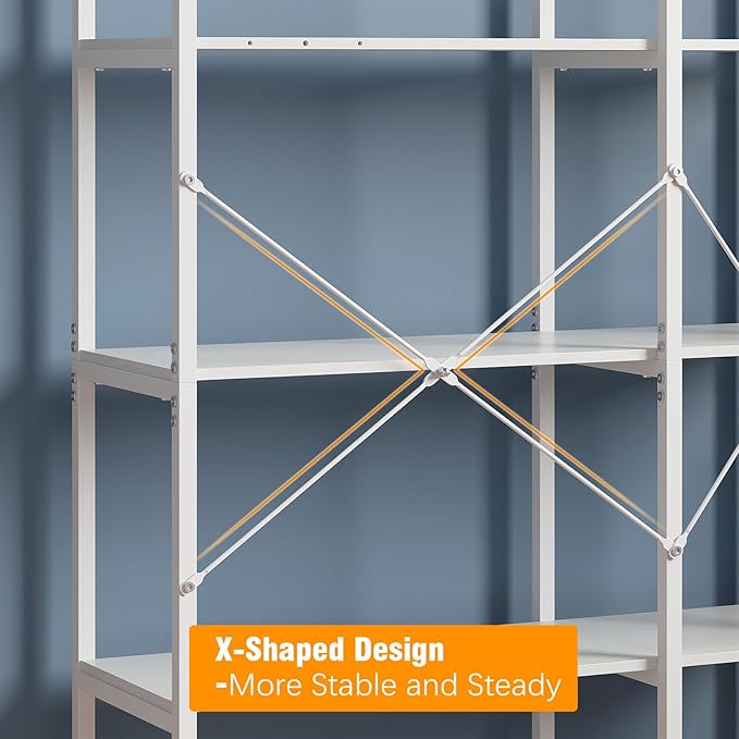Tohomeor Bookshelf 5 Tier Deformable Corner Bookcase Free Standing Modern Industrial Book Storage Display Book Shelf for Bedroom Living Room Study Room Office (White)