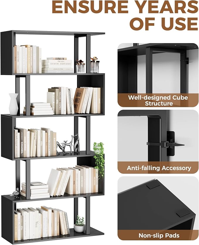 Gadroad 5-Tier Geometric Bookcase,S Shaped Bookshelf, Wood Decorative Storage Shelving, Modern Freestanding Display Shelves, Tall Book Shelf Unit for Living Room Bedroom, Black