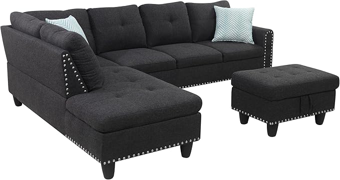 Ball & Cast 98" L Shaped Sectional Couch for Living Room with Chaise & Storage Ottoman,4 Seat Linen Upholstered Modular Sectional Sofa Set 3 PCS W/Cup Holders & Coffee Table,for Home,Office,Charcoal
