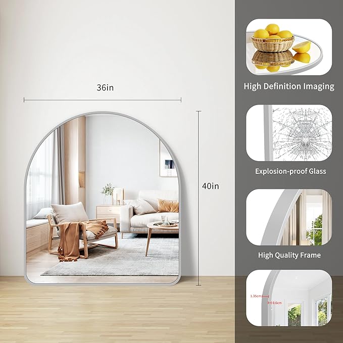 FORBATH Large Arched Wall Mirror 40x36 Inch, Silver Arch Bathroom Mirror with Aluminum Frame, Arched Mirror for Dresser, Fireplace,Entryway,Home Decor,Hanging or Leaning Against Wall