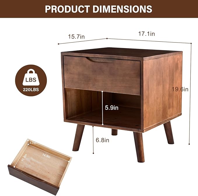 CozyDH Nightstand with Drawer and Opening Storage, Solid Wood Modern Bedside Table for Bedroom, 19" Sofa Side Table with Wooden Legs End Tables Living Room, Walnut