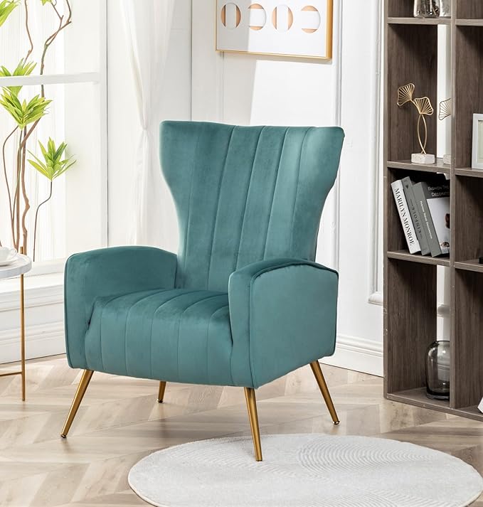 Container Furniture Direct Modern Velvet Accent Chair, Channel Tufted Bedroom, Office or Living Room Furniture with Elegant Metal Legs, 26" Wide Armchair, Teal