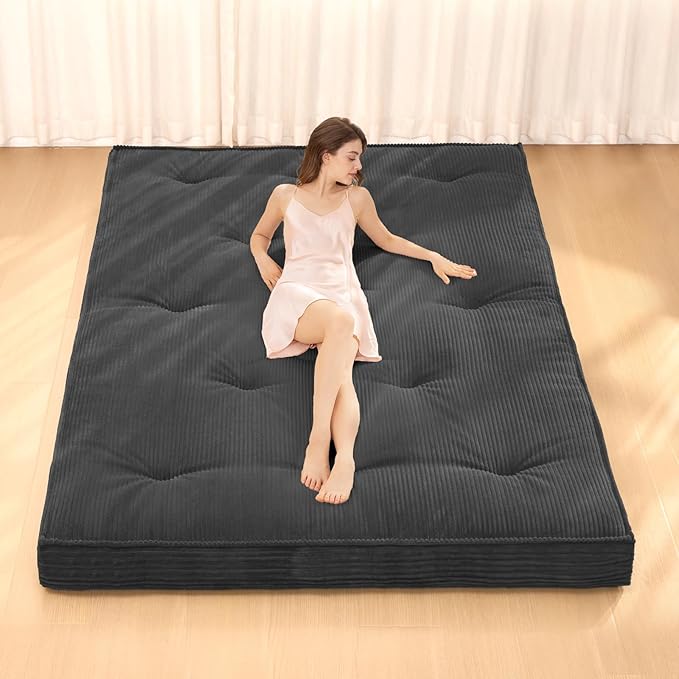 Japanese Floor Mattress, 4" Thicken Futon Mattress Twin Size Sleeping Pad, Corduroy Foldable Mattress Pad Roll Up Tatami Mat Floor Mattress for Adults（Grey）
