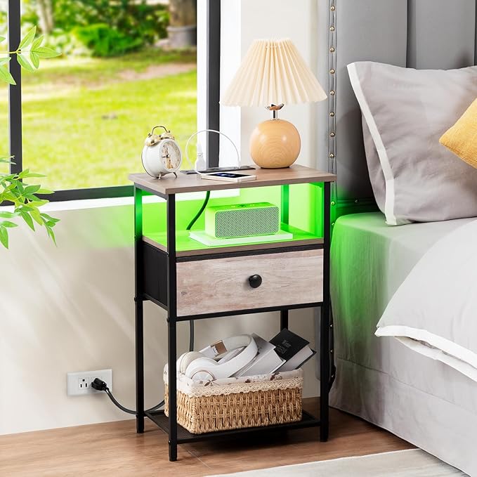 Night Stand Set 2, LED Nightstand with Charging Station, End Tables Living Room with Fabric Drawer for Small Spaces, Side Tables with Storage Shelf for Bedroom, Grey, HETS01PGY