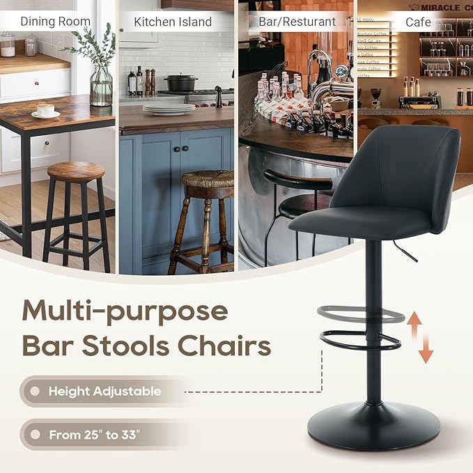 COLAMY Bar Stools Set of 4, Modern Swivel Bar Chairs, Adjustable PU Leather Upholstered Barstools Counter Height with Full Backrest for Bar, Dining Room, Kitchen Island, Black