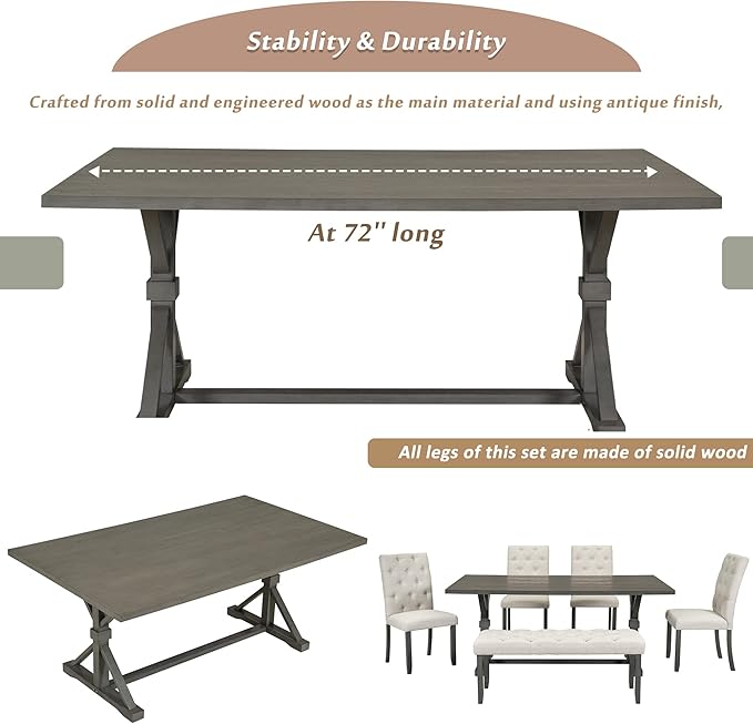 Ball & Cast 6 Piece Dining Table Set with 4 Upholstered Chairs and 1 Bench,Wooden Living Room Furniture for 6 W/ 72" Rectangle Desk,for Small Space,Apartment,Dining Room,Gray