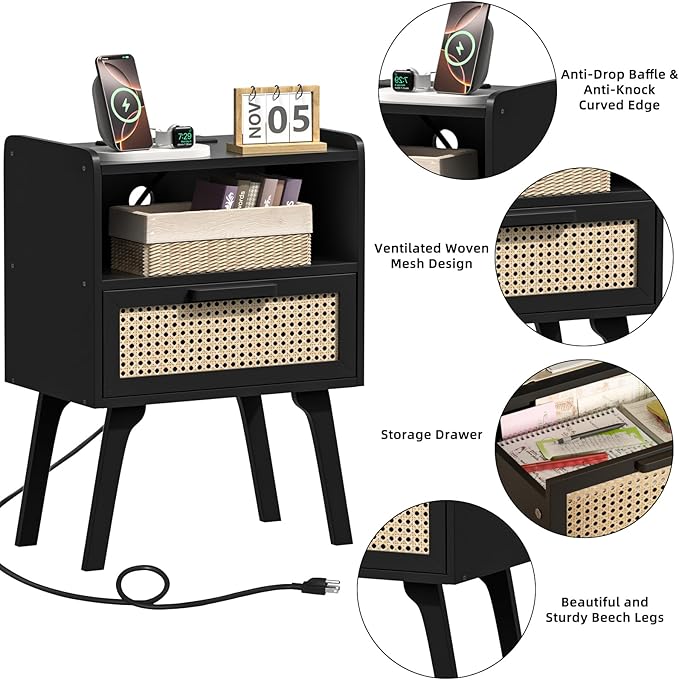 Lerliuo Rattan Nightstands Set of 2 with Charging Station, Black Bedside Table with Drawer Open Shelf, Cane Accent Side End Table with Solid Wood Legs, Night Stand for Bedroom, Dorm and Small Spaces