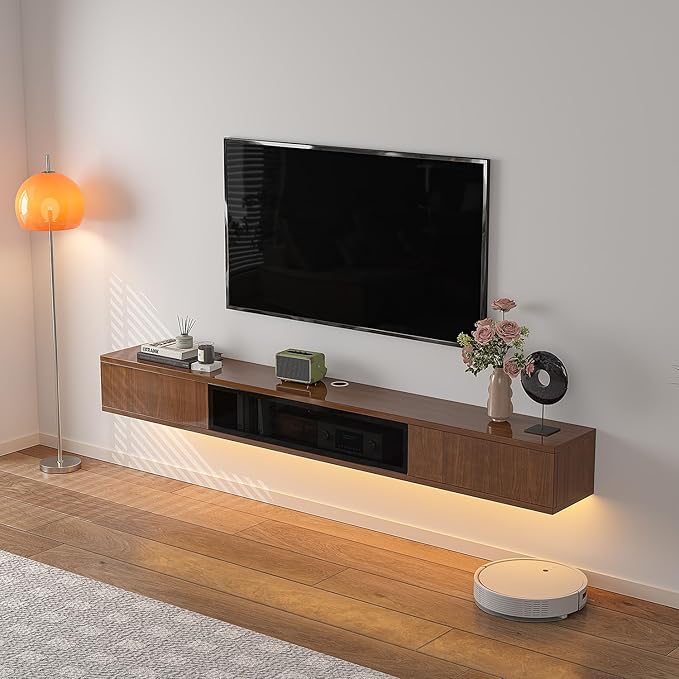 High Gloss Floating TV Stand,70'' Wall Mounted TV Console,Under TV Floating Shelf,Floating TV Cabinet with 3 Doors for Bedroom Living Room(Walnut)
