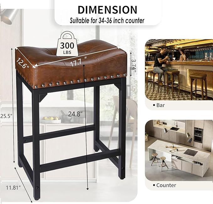 Bar Stools Set of 2, Counter Height Bar Stools for Kitchen Counter, 24 Inch Saddle Barstools Kitchen Stools, Counter Height Stools for Bar, Kitchen, Island-Brown