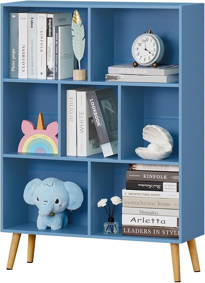 YAHARBO 7 Cube Bookshelf, Blue Kids Book Shelf with Cubby Storage,Wooden Modern Bookcase with Legs,3 Tier Freestanding Display Book Case,Children Toy Organizer,Bookshelves for Office,Nursery,Playroom