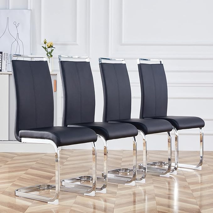 Dining Chairs Set, Kitchen Modern Metal Chairs with Faux Leather Padded Seat High Back and Sturdy Chrome Legs, Chairs for Dining Room (Black, Set of 4)