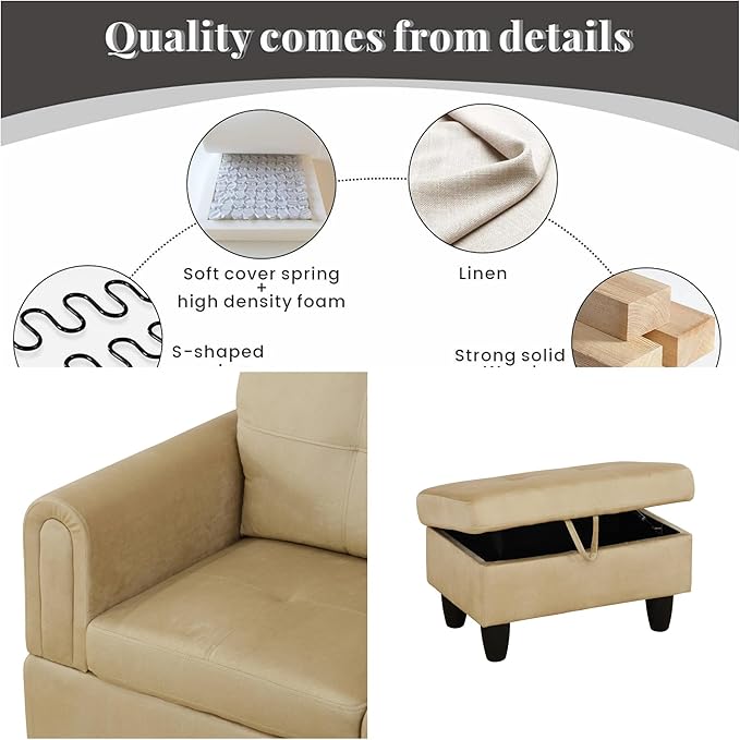 Sectional Couch with Otttoman, 97" L Shaped Couch Sectional Sofa for Living Room, Modern Modular Couches with Cup Holders for Bedroom, Apartments, Beige