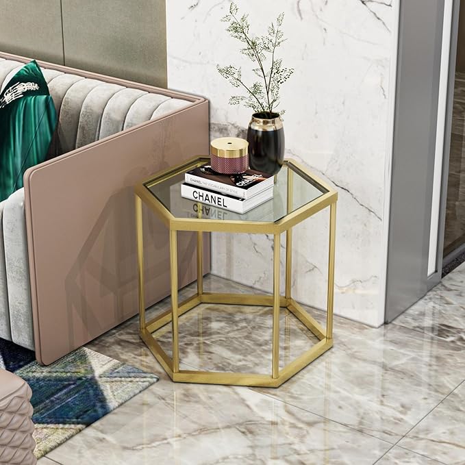 Gold Coffee Table Glass Modern Coffee Table, Hexagon Free Combination Glass Center Table Small End Tables with Metal Frame for Living Room Set of 1