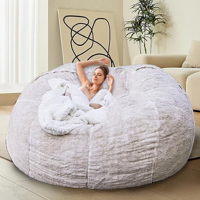 Bean Bag Chairs for Kids Comfy Fluffy Big Joe Bean Bag Chair Cover Without Filler Round Sofa Chairs for Bedroom Living Room Decor, 5FT, White