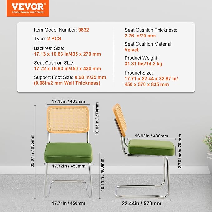 VEVOR Rattan Dining Chairs Set of 2, Mid Century Modern Dining Chair, Upholstered Velvet Accent Chair with Rattan Back, Retro Dining Room Kitchen Chair for Living Room, Bedroom (18.1 Inch)