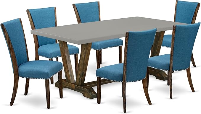 East West Furniture V797VE721-7 7 Piece Dining Table Set Consist of a Rectangle Dining Room Table with V-Legs and 6 Blue Color Linen Fabric Upholstered Chairs, 40x72 Inch, Multi-Color