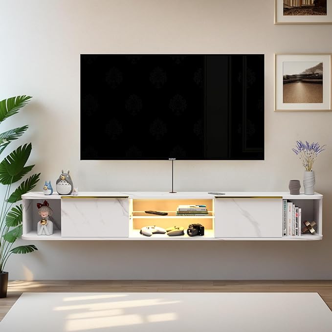 Pmnianhua LED Floating TV Stand with 2 Drawers,78'' Floating TV Shelf with LED Lights,Wall Mounted Media Console,Floating Entertainment Center with Storage for Bedroom Playroom Living Room(White)