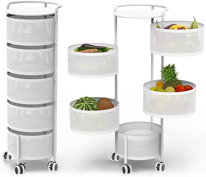 JAQ Rotating Fruit Basket, 5-Tier Metal Sturdy Kitchen Storage Rack Carts No Assembly on Rolling Wheels for Fruit Vegetable Grocery Corns Potato Onion in Bathroom(White, 5-Tier)