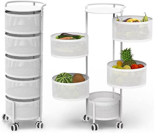 JAQ Rotating Fruit Basket, 5-Tier Metal Sturdy Kitchen Storage Rack Carts No Assembly on Rolling Wheels for Fruit Vegetable Grocery Corns Potato Onion in Bathroom(White, 5-Tier)