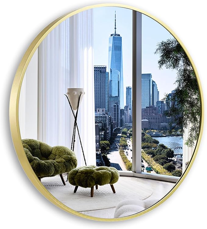 Gold Round Mirror 30 inch, Matte Gold Bathroom Mirror for Vanity, Brushed Metal Framed Circular Wall Mirror for Living Room, Hallway, Entryway