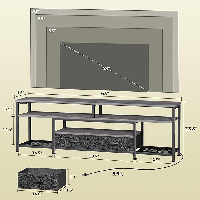 Huuger TV Stand for 65 70 Inch TV, Entertainment Center with Power Outlets and LED Lights, TV Console for Living Room, Media Console with Drawers and Shelves, Grey