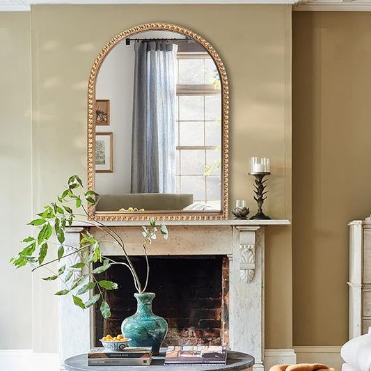 Traditional Arch Mirror for Bathroom, 20" x30" Baroque Antique Gold Marlowe Mirrors Beaded Frame, Decorative Accent Vertical Vanity, Wall Decor Over Mantel Fireplace, Sofa, Entryway