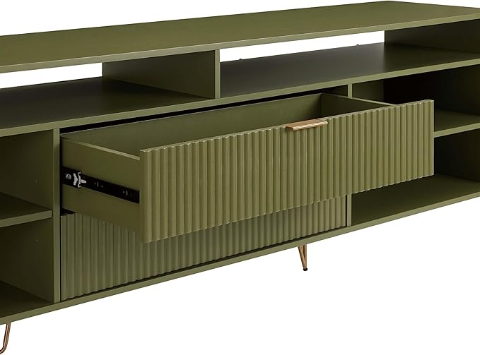 Manhattan Comfort Dumbo Mid Century Modern TV Stand for Televisions up to 80 Inches, Home Entertainment Center with Storage, 6 Shelves, 2 Drawers, No Tool Assembly, 85" Wide, Olive Green