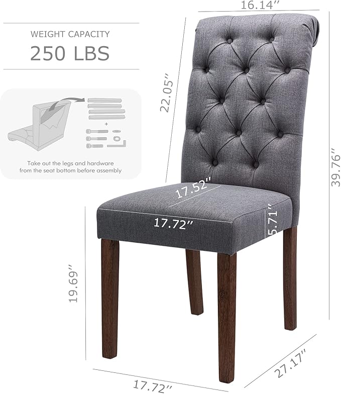 COLAMY Button Tufted Dining Chairs Set of 4, Parsons Upholstered Fabric Dining Room Chairs Kitchen Chairs with Wood Legs and Padded Seat, Dark Grey