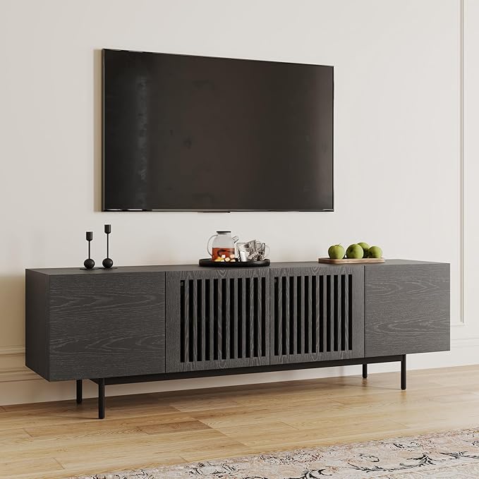 POVISON Full Assembled Mid-Century Modern TV Stand with Slatted Doors, Wood Media Console for 65-75 Inch TV, TV Console with Tall-cast Metal Legs, Entertainment Center with Storage for Living Room