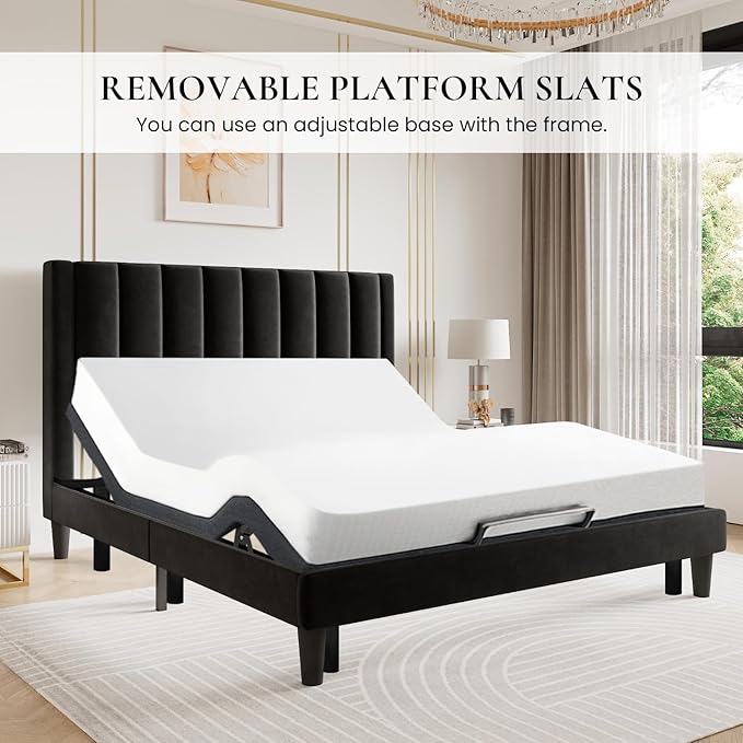 SHA CERLIN Twin Bed Frame/Velvet Upholstered Platform Bed Frame with Headboard/Strong Wood Slats Support/Mattress Foundation/No Box Spring Needed - Black