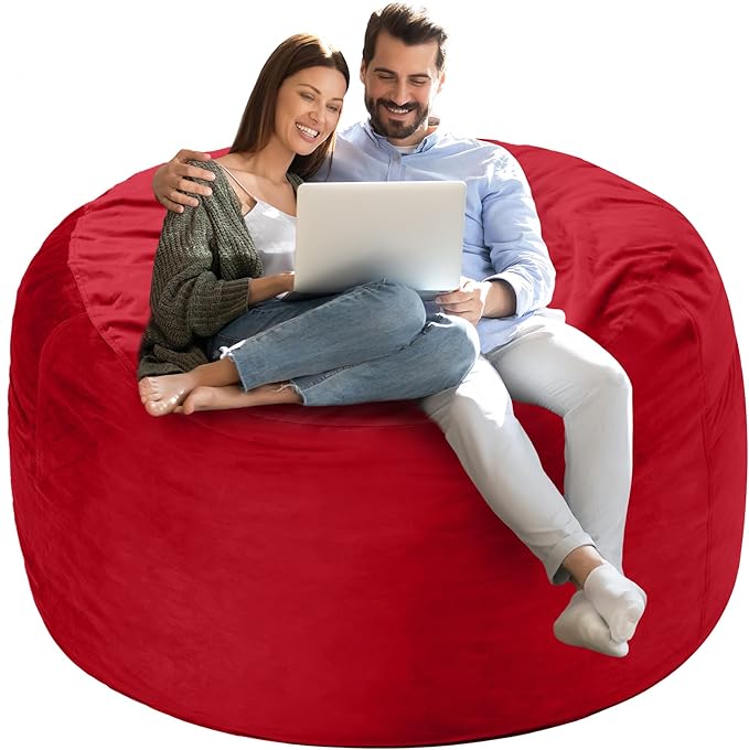 Homguava 4 FT Bean Bag Chair: 4' Bean Bags with Memory Foam Filled, Large Beanbag Chairs Soft Sofa with Dutch Velvet Cover-Red