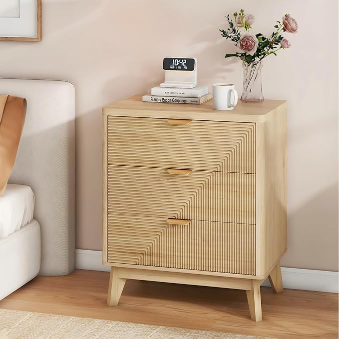 3 Drawer Fluted Nightstand for Bedroom, Modern Wood Chest of Drawers with Curved Profile, Fluted Dresser & Wood Drawer Organizer for Bedroom and Hallway