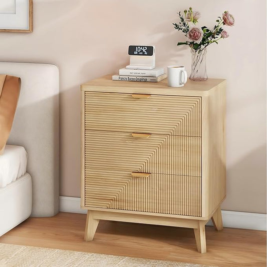 3 Drawer Fluted Nightstand for Bedroom, Modern Wood Chest of Drawers with Curved Profile, Fluted Dresser & Wood Drawer Organizer for Bedroom and Hallway