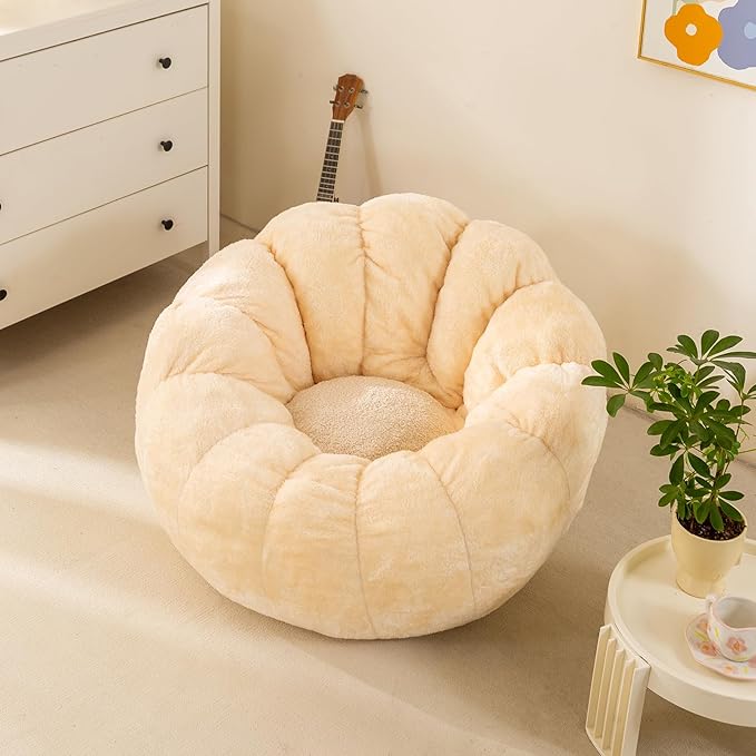 Pumpkin Bean Bag Sofa Chair, Bean Bag Chair with Filler for Teens, Kids, Toddler, Comfy and Lazy Sofa for Dorm, Apartment, Living Room and Bedroom, Ivory
