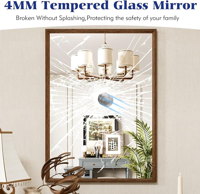 28x36 Inch Rectangle Walnut Bathroom Mirror, Anti-Rust 4MM Tempered Glass, Modern Vanity Mirror for Bathroom, Horizontal or Vertical Wall Mount