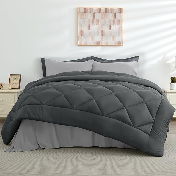HEVUMYI 120x98 Oversized King Comforter Set - 7-Piece All Season Bed in a Bag Oversized King, Ultra Soft Bedding Set with 120 x 98 Comforter, Flat Sheet, Fitted Sheet, Pillowcases, Dark & Light Grey