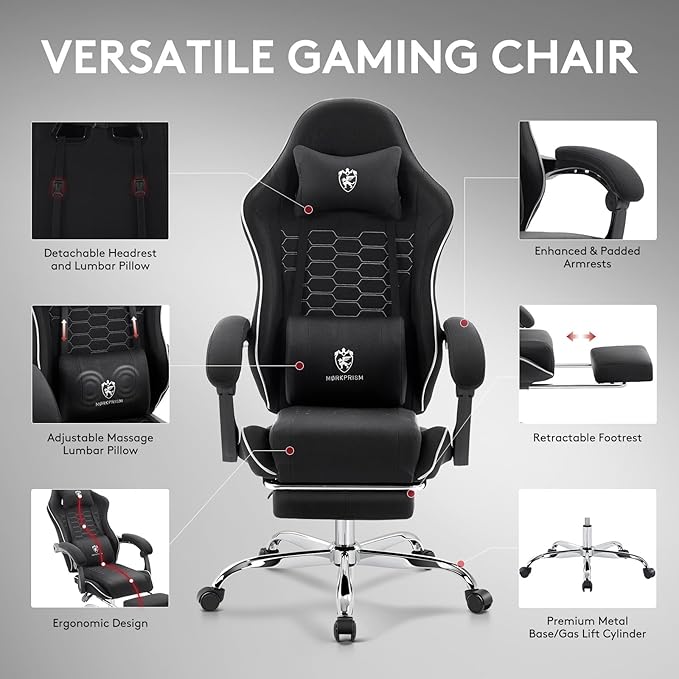 Gaming Chair Breathable Fabric,Computer Office Chair with Footrest,Massage Lumbar Support and Gel Pad,Ergonomic Reclining Adjustable Gamer Chair with Headrest and Spring Cushion Black