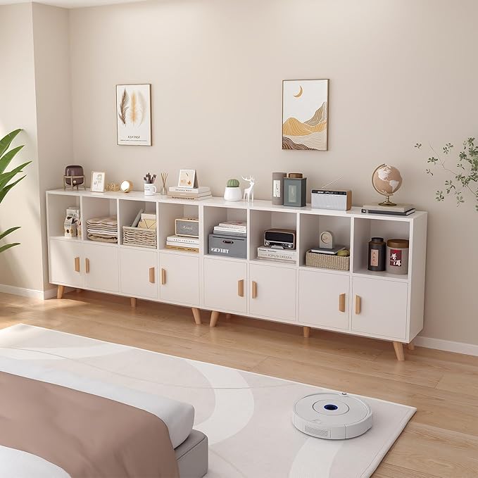 Cubby Shelf Bookcase with Doors - Wooden 8 Cube Floor Standing Open Bookshelf with Solid Wood Legs, 2-Tier Low Storage Cabinet, Warm White