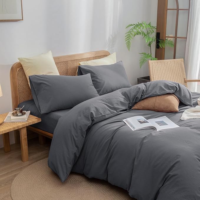 BESTOUCH Duvet Cover Set 100% Washed Cotton Linen Feel Super Soft Comfortable Chic Lightweight 3 PCs Home Bedding Set Solid Quiet Shade Grey Super King Plus