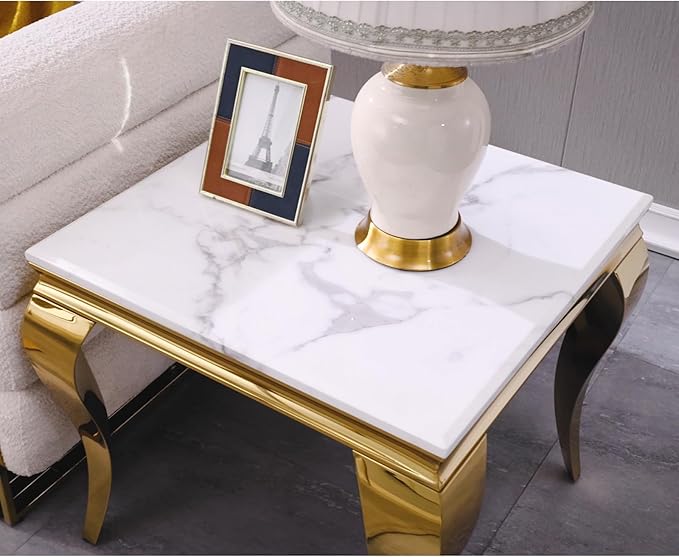 End Table, White and Gold Side Table for Living Room, Bedroom, Glam Stable End Table with Square White Top and Polished Gold Cabriole Legs, Set of 4