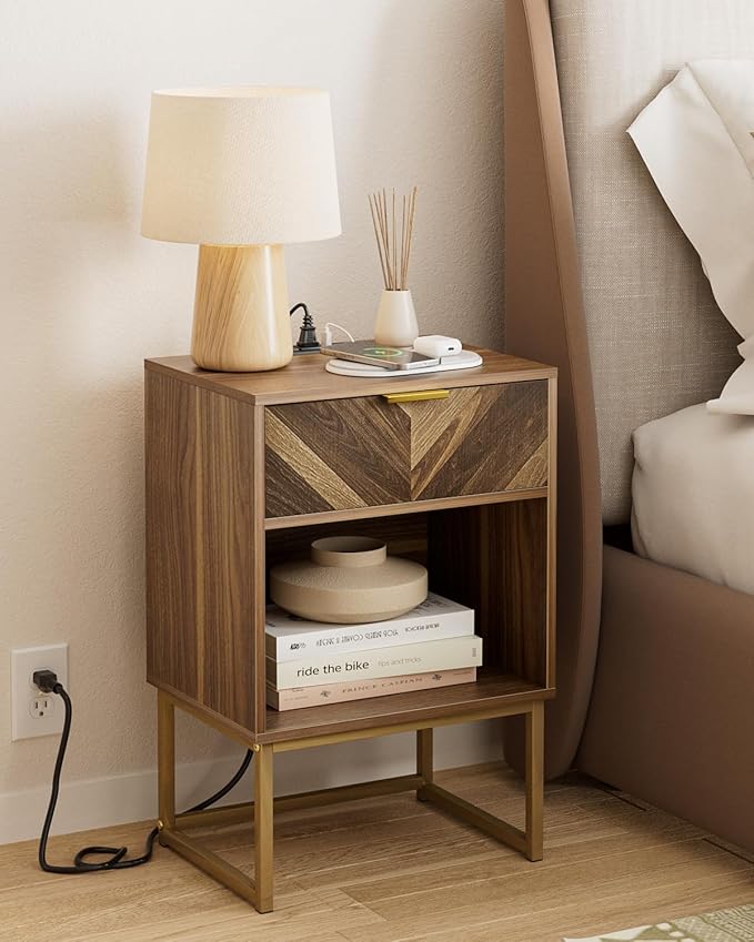 Nightstand with Charging Station, Boho Night Stand Wood Farmhouse Bedside Table with Storage, End Side Accent Table Walnut