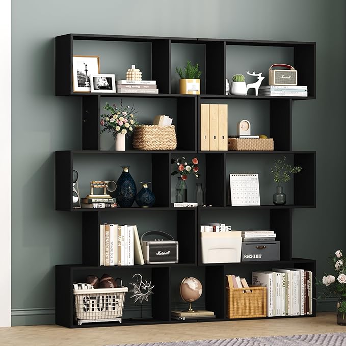 Yusong Bookshelf 5-Tier, Geometric Bookcase S Shaped Book Shelves for Bedroom, Modern Wood Decorative Display Shelf Book Case for Home Office, Black